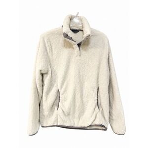 Eddie Bauer Womens L Ivory Sherpa Fleece Pullover Snap Mock Neck Cozy Textured